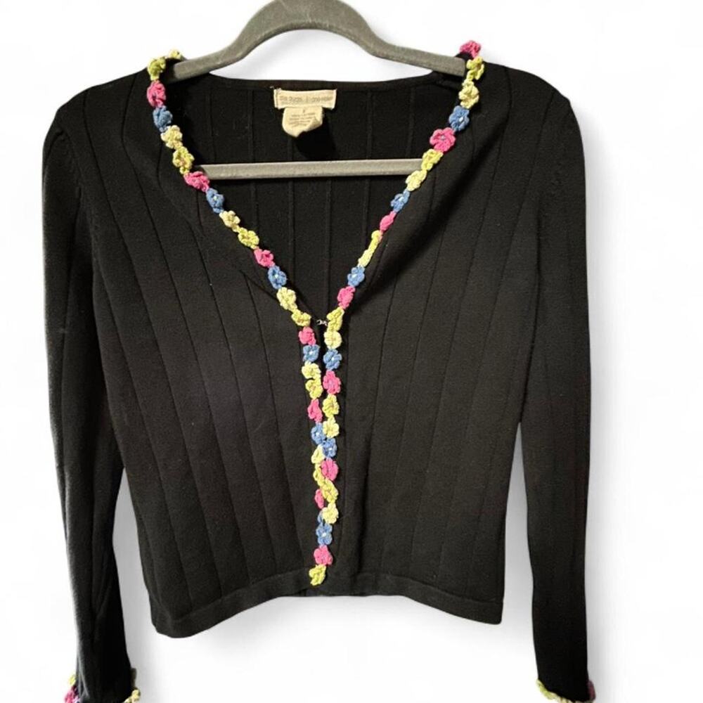 Small 100% cotton vintage y2k black cardigan colorful floral crochet appliqué